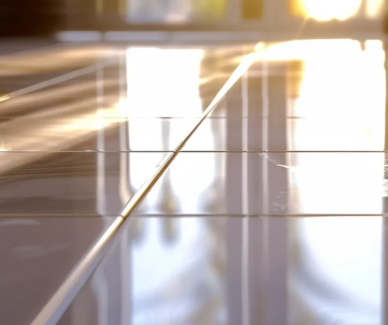 a close-up shot of sparkling white grout lines on a tiled floor, reflecting light and looking pristine after cleaning.