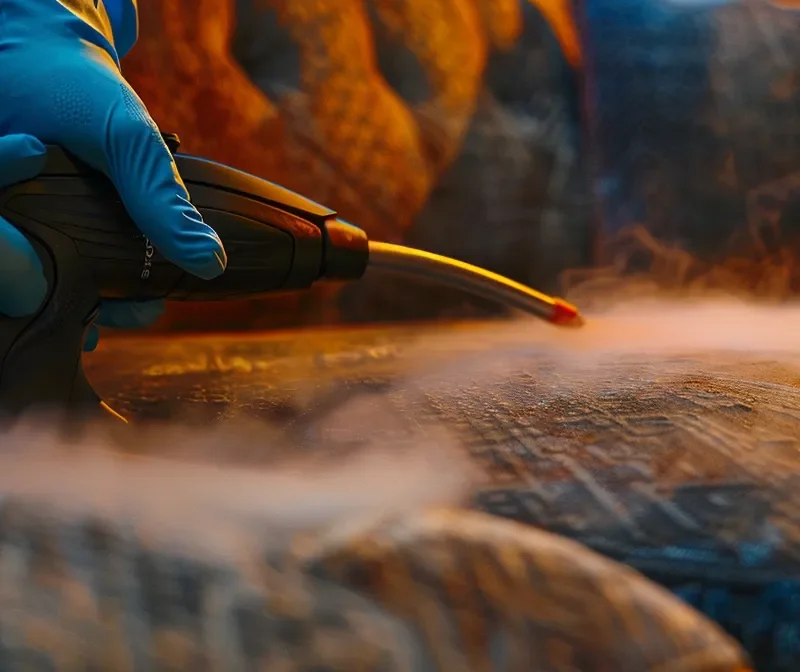 a professional cleaner extracting deep-seated dirt and stains from a plush couch, revealing its vibrant colors and luxurious texture.