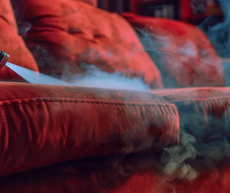 a professional cleaner using steam to deeply cleanse and revitalize a worn-out velvet sofa, restoring its vibrant color and plush texture.