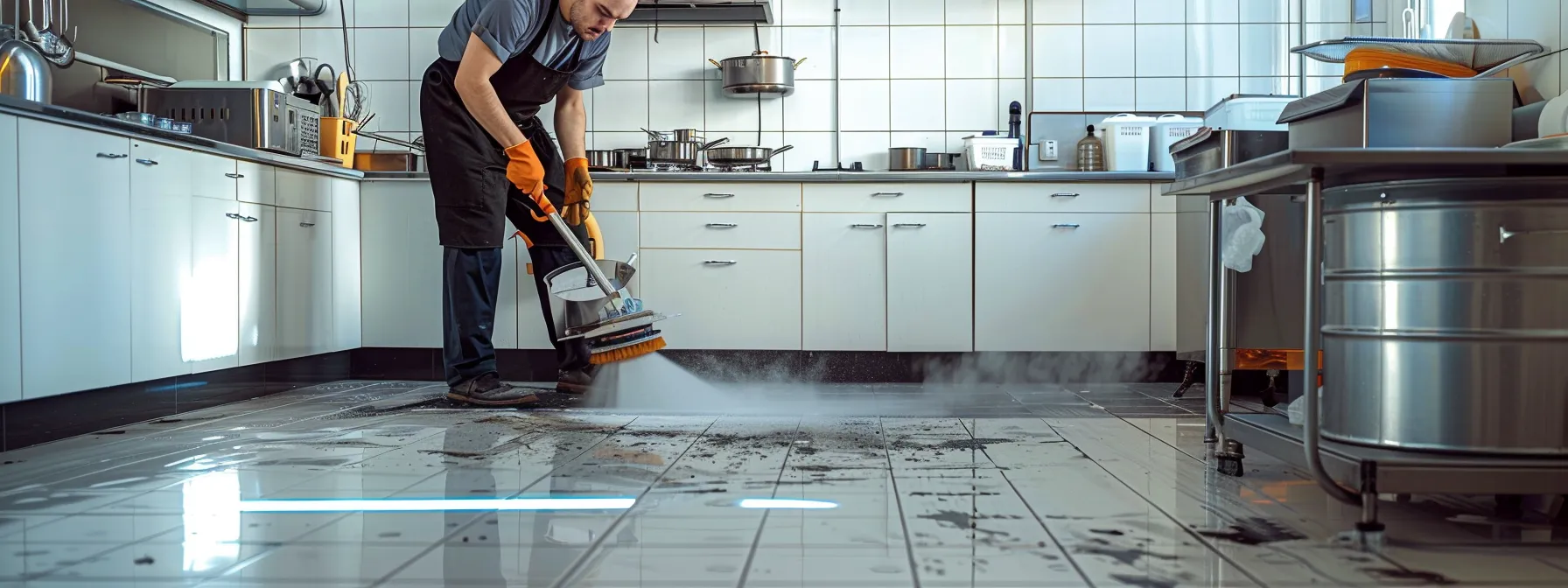 a professional technician diligently deep cleaning grout lines with precision and expertise in a spacious, well-lit kitchen. a professional technician diligently deep cleaning grout lines with precision and expertise in a spacious, well-lit kitchen.