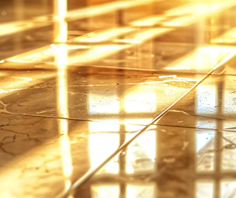 a shining tile floor reflecting sunlight, spotless and pristine.