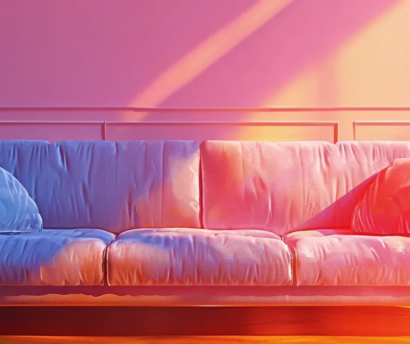 a sparkling clean sofa with no stains, vibrant and inviting against a backdrop of a bright, airy living room.