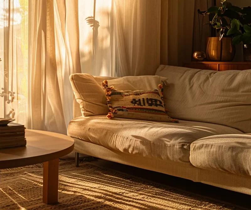 a sunlit living room with a sparkling clean couch and fresh-smelling carpet, enhancing the indoor air quality.