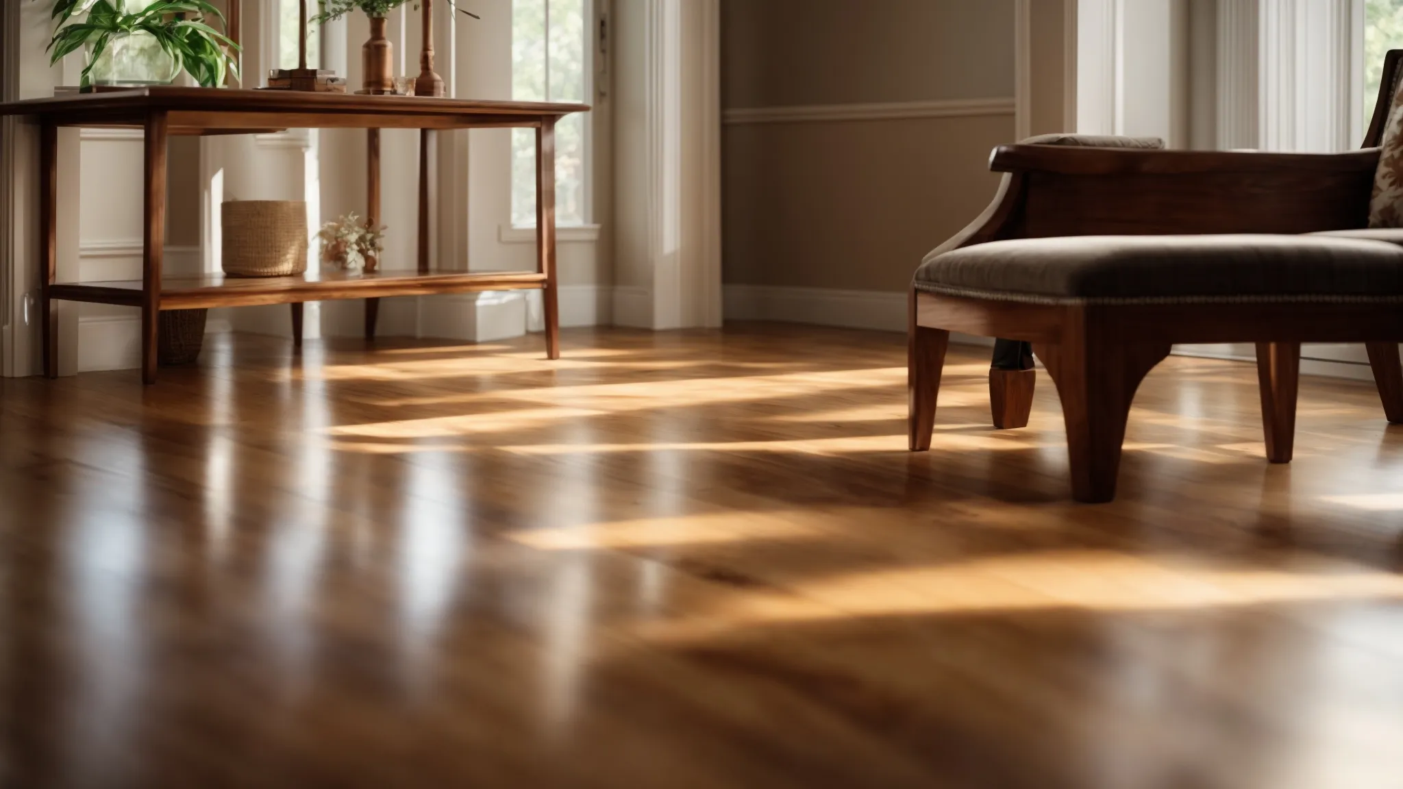 a beautifully polished hardwood floor glistens in warm, natural light, showcasing its rich grain and reflection, surrounded by elegant furniture that highlights the inviting atmosphere of a well-maintained home.