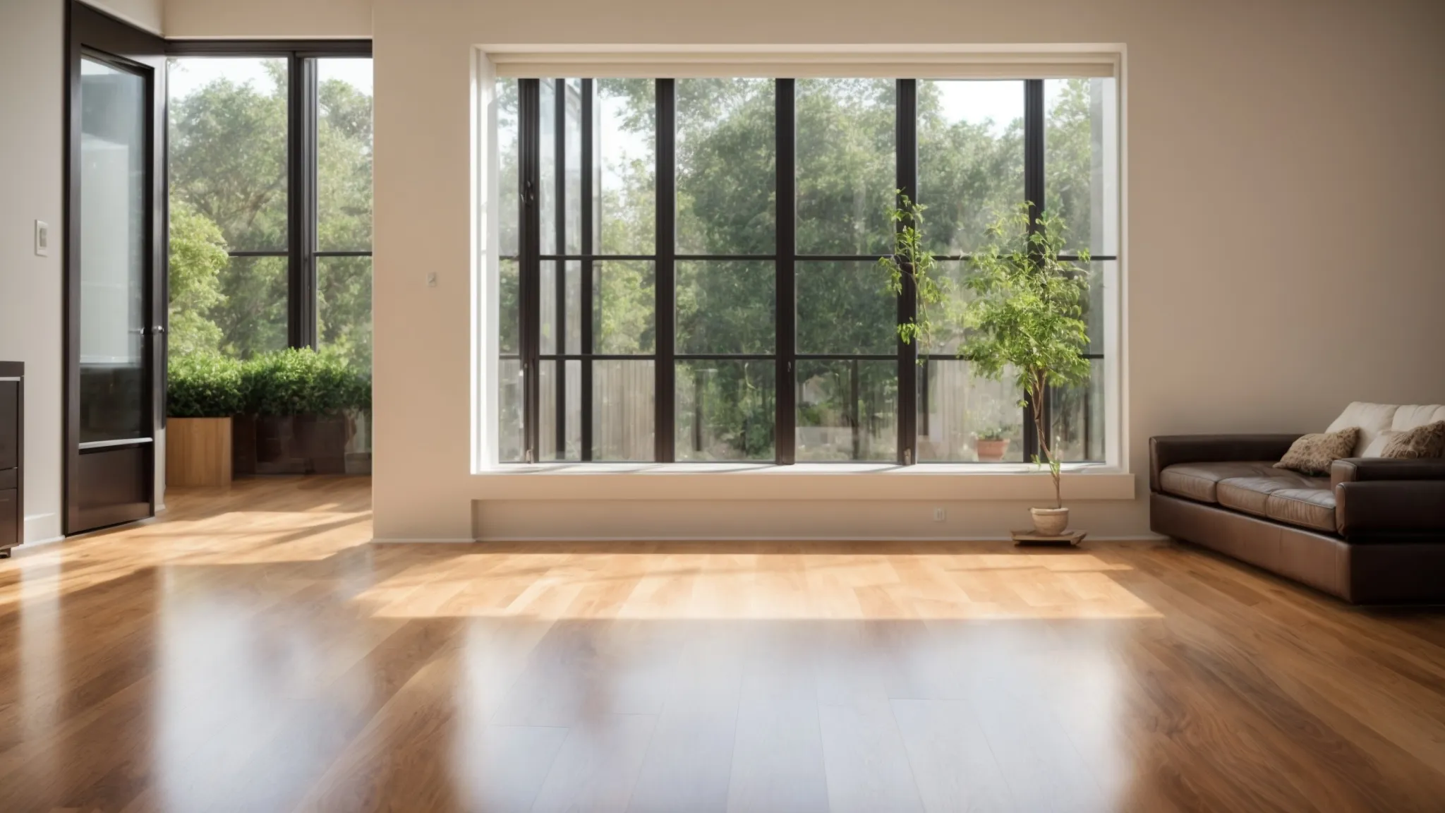 a gleaming hardwood floor reflects the warm glow of sunlight streaming through large windows, showcasing its rich grain and polished surface, symbolizing the elegance and care provided by professional maintenance services.