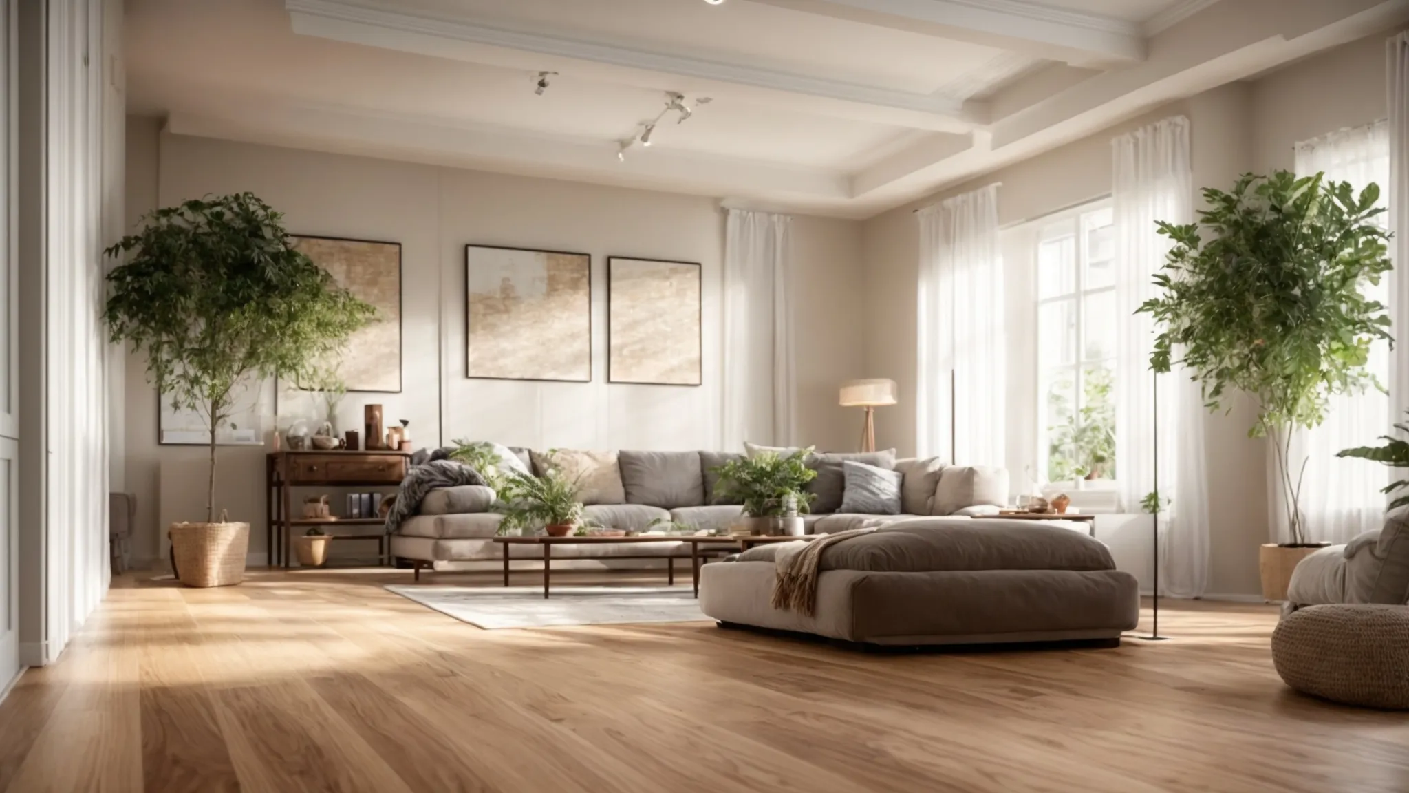 a radiant hardwood floor gleams under soft natural light, showcasing its rich grain and polish, framed by potted plants and furniture arranged for optimal space utilization.
