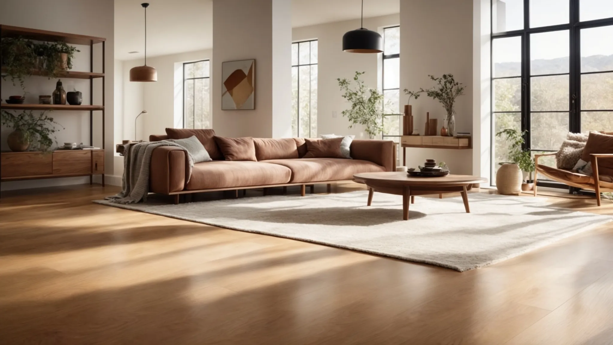 a serene, sunlit room showcasing polished hardwood floors, accompanied by a variety of ph-neutral cleaning products and a vibrant wool rug, emphasizing the importance of gentle care for wood surfaces.