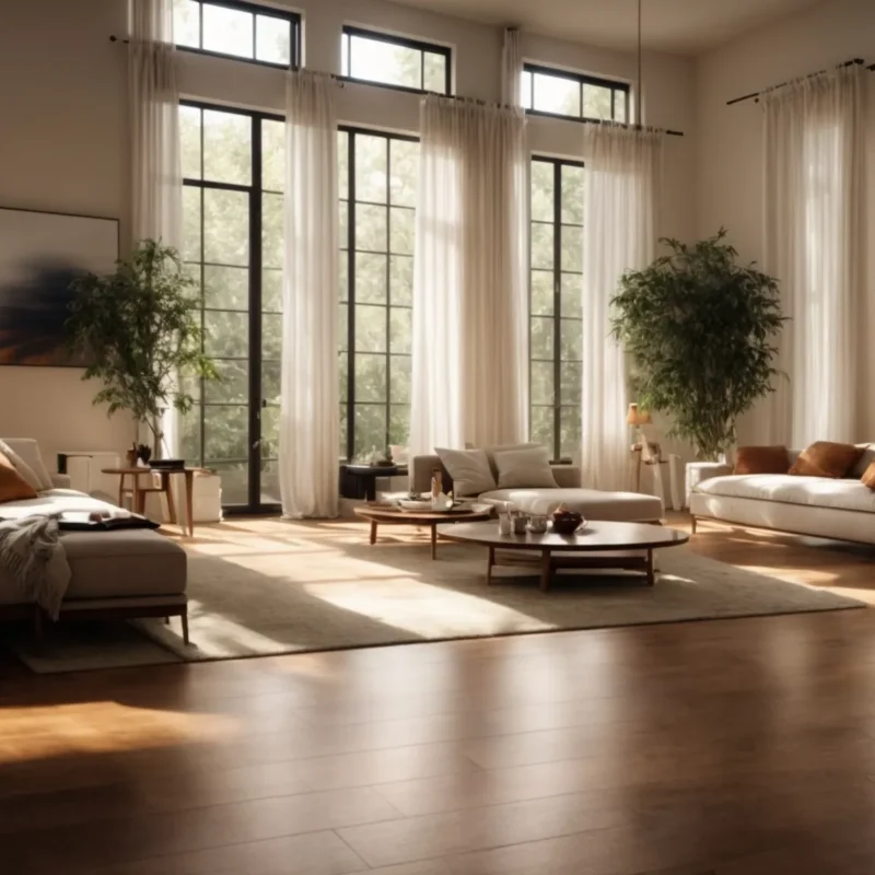 a sunlit living room showcases a beautifully polished hardwood floor glistening with rich, warm tones, reflecting the light of large windows adorned with sheer curtains.