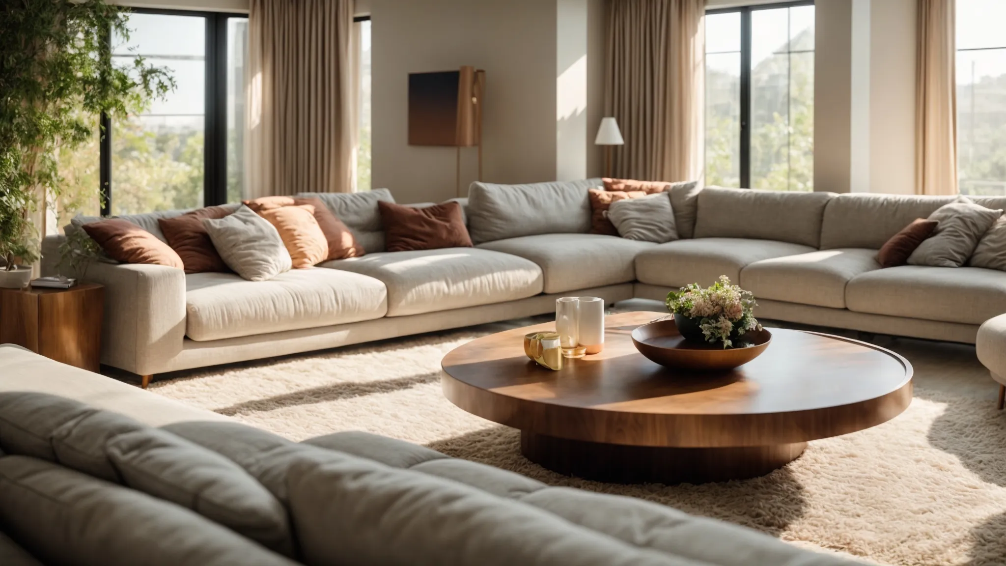 a sunlit living room showcases pristine, well-maintained upholstery with soft cushions, surrounded by a gentle glow that highlights a vacuum and soft cleaning supplies, embodying the essence of regular cleaning routines for lasting elegance.