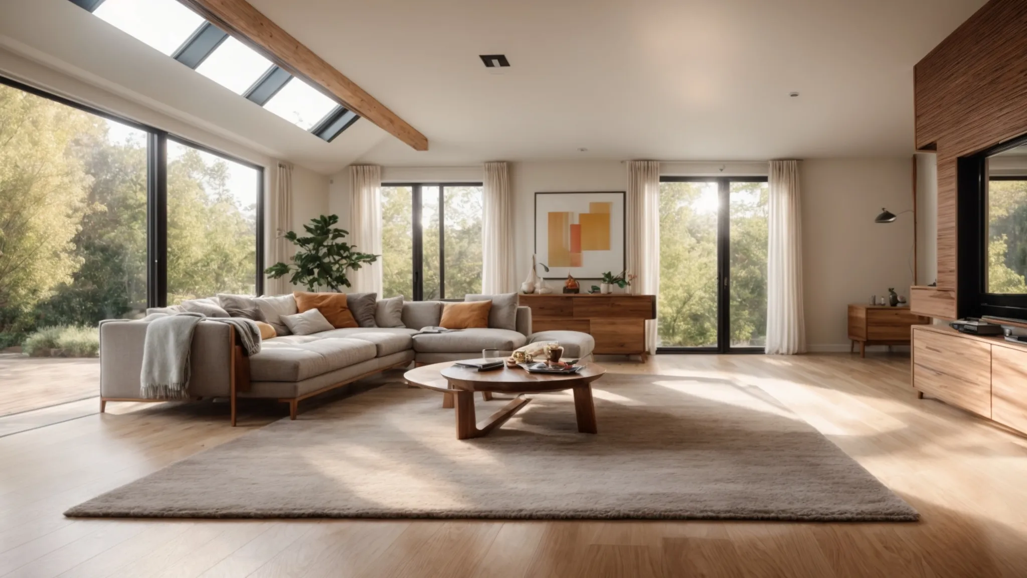 a sunlit room features a pristine hardwood floor, accented by a plush rug, showcasing a vibrant view of cleanliness and warmth, inviting viewers to appreciate the beauty of regular maintenance.