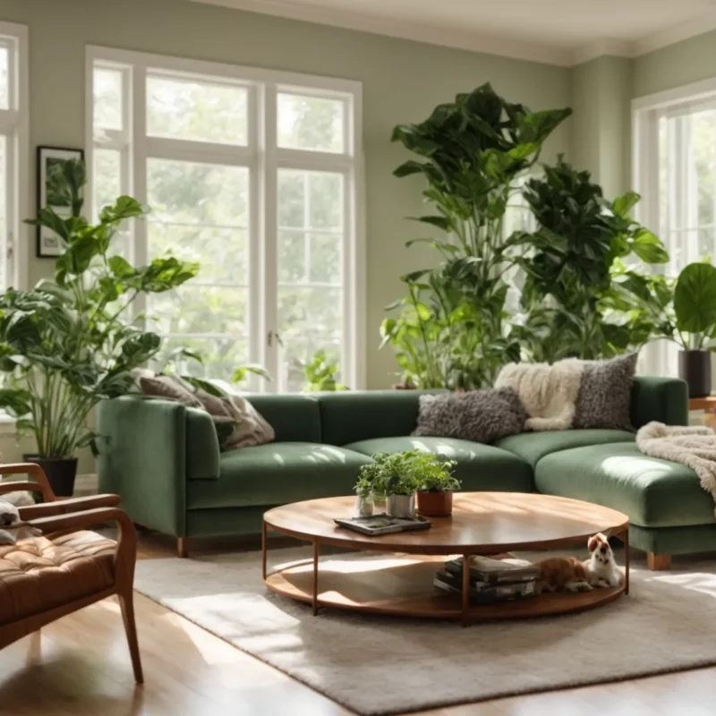 a sunlit, spacious living room showcases gleaming hardwood floors surrounded by playful pets, with vibrant green plants and inviting, clutter-free spaces that emphasize a pet-friendly, odor-free environment.
