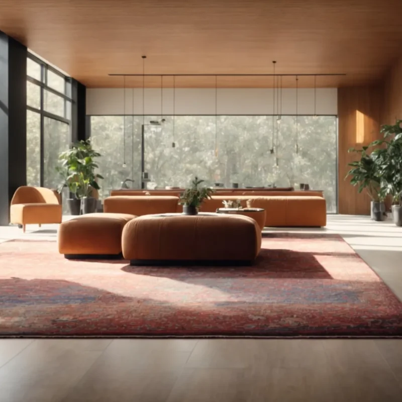 a vibrant and well-lit interior scene showcases a beautifully maintained carpet and polished floor, highlighting the contrast between the two surfaces in a high-traffic area, with light streaming through the windows to emphasize their cleanliness and durability.