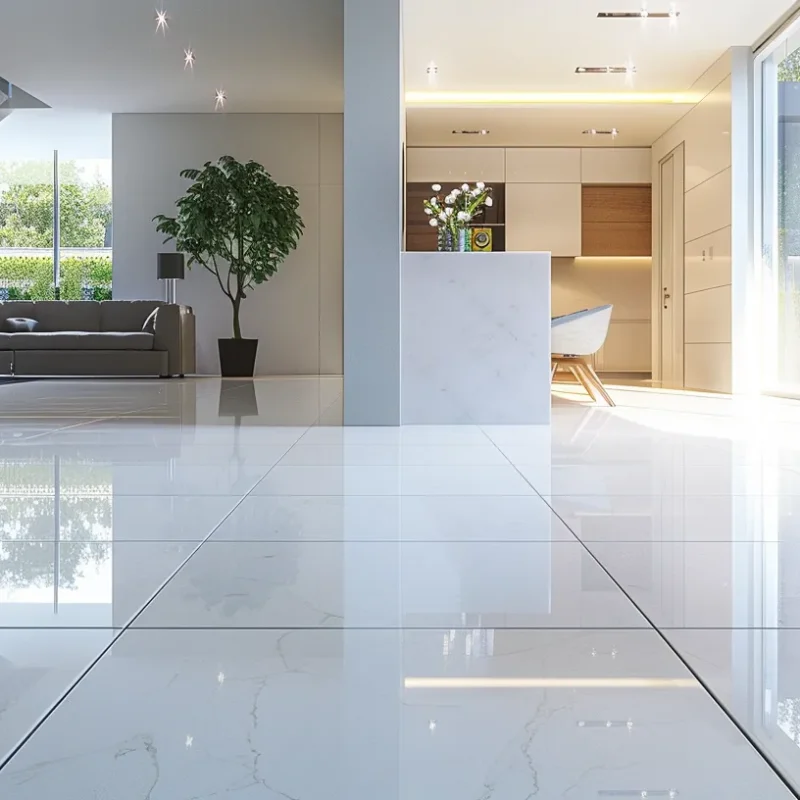 a bright, polished interior showcasing a before-and-after transformation of tile and grout flooring, emphasizing pristine cleanliness and impressive shine under focused artificial lighting in a modern home setting.