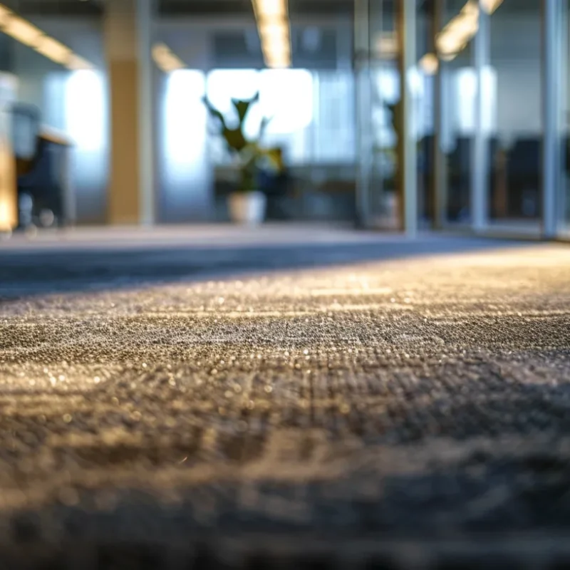 a close-up view of a stained, neglected office carpet in a busy workspace, illuminated by harsh fluorescent lights, highlighting dust particles and hidden allergens to emphasize the unseen dangers lurking beneath the surface.