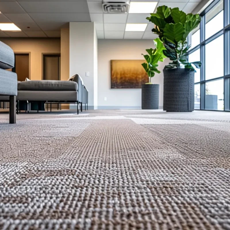 a modern, sleek office space features a pristine, vibrant carpet and meticulously cleaned upholstery, showcasing the importance of regular maintenance for professional environments.