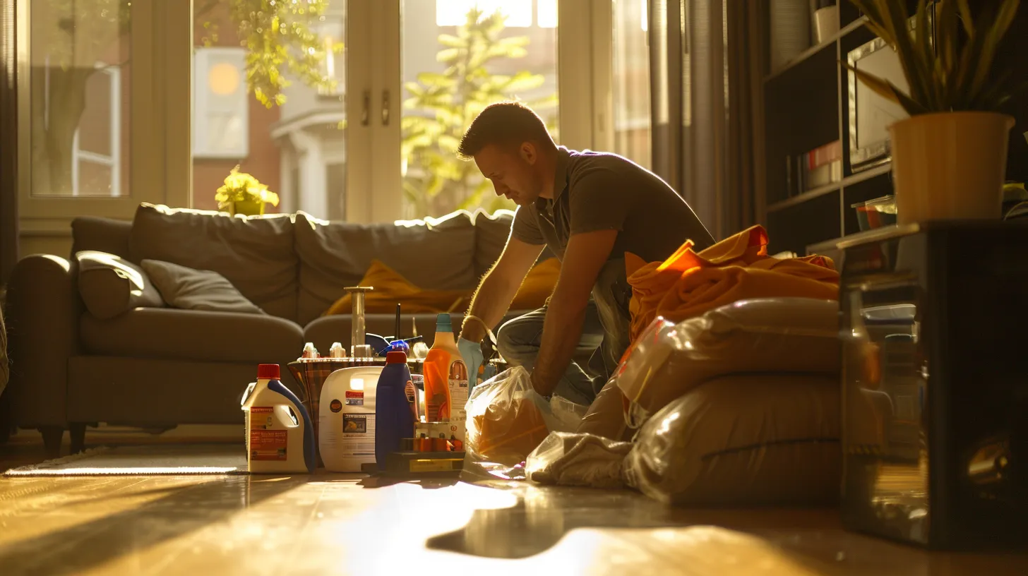 a professional cleaning technician meticulously inspects a plush living room sofa with an array of specialized cleaning products and tools laid out on a sleek hardwood floor, highlighting the importance of addressing lingering odors in upholstery.