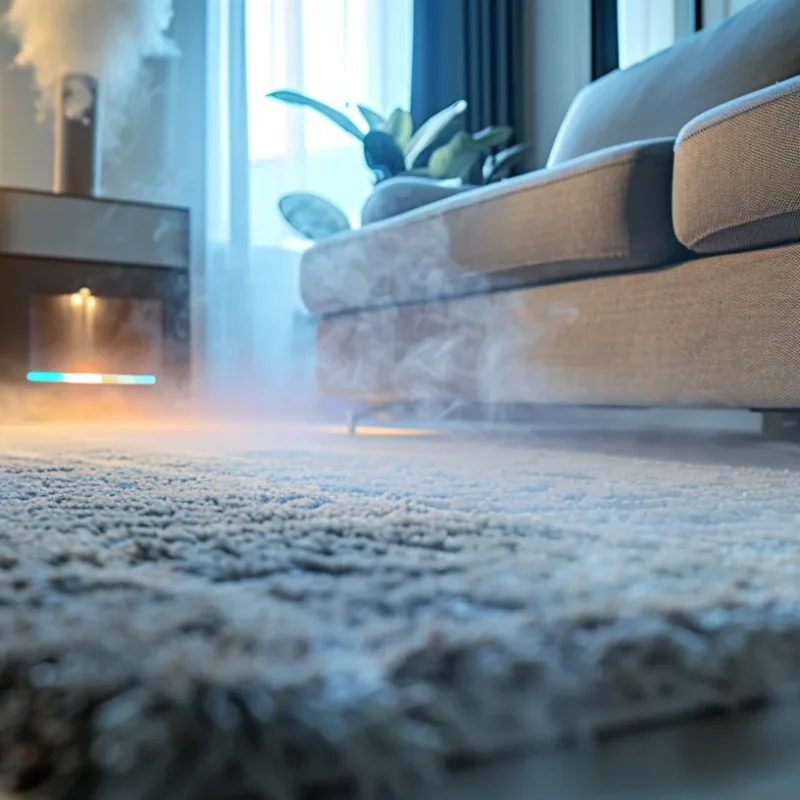a sleek, modern living room showcases an elegant sofa and plush carpet, both sparkling clean and odor-free, with a sophisticated air purifier prominently displayed, surrounded by soft, inviting lighting that emphasizes a fresh and inviting atmosphere.