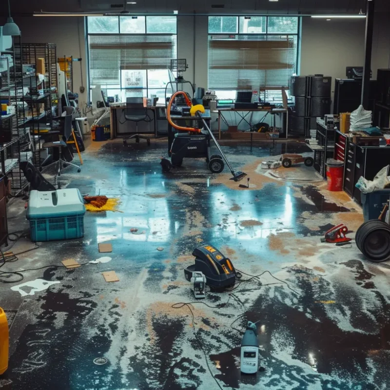 a stark office environment features an unsightly, stained carpet surrounded by high-tech cleaning equipment, highlighting the contrast between professional cleaning tools and the potential hazards of diy methods.