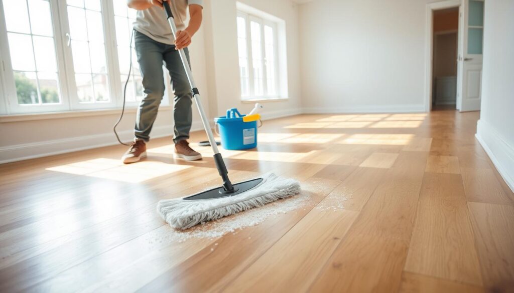 A bright, well-lit room with smooth hardwood floors. In the foreground, a person in casual attire is diligently cleaning the floor using a microfiber mop, carefully sweeping away dust and debris. In the middle ground, a bucket of cleaning solution and a few cleaning tools are neatly arranged. The background showcases a spacious, uncluttered space, with large windows allowing natural light to flood the room, creating a sense of cleanliness and freshness. The overall atmosphere conveys a sense of efficiency, attention to detail, and a commitment to maintaining a healthy, allergen-free environment.