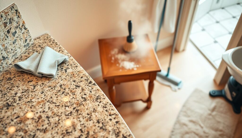 A brightly lit, high-angle view of a variety of household surfaces undergoing a deep cleaning process. In the foreground, a polished granite countertop is being scrubbed with a microfiber cloth, revealing its lustrous sheen. In the middle ground, a wooden end table is being dusted with a soft-bristled brush, lifting away accumulated grime. In the background, a tiled bathroom floor is being mopped with a disinfecting solution, the steam rising and lending a sense of cleanliness. The lighting is warm and evenly distributed, casting a feeling of thoroughness and attention to detail. The overall scene conveys the idea of a comprehensive, meticulous cleaning routine that goes beyond the typical vacuuming and wiping down. A brightly lit, high-angle view of a variety of household surfaces undergoing a deep cleaning process. In the foreground, a polished granite countertop is being scrubbed with a microfiber cloth, revealing its lustrous sheen. In the middle ground, a wooden end table is being dusted with a soft-bristled brush, lifting away accumulated grime. In the background, a tiled bathroom floor is being mopped with a disinfecting solution, the steam rising and lending a sense of cleanliness. The lighting is warm and evenly distributed, casting a feeling of thoroughness and attention to detail. The overall scene conveys the idea of a comprehensive, meticulous cleaning routine that goes beyond the typical vacuuming and wiping down.