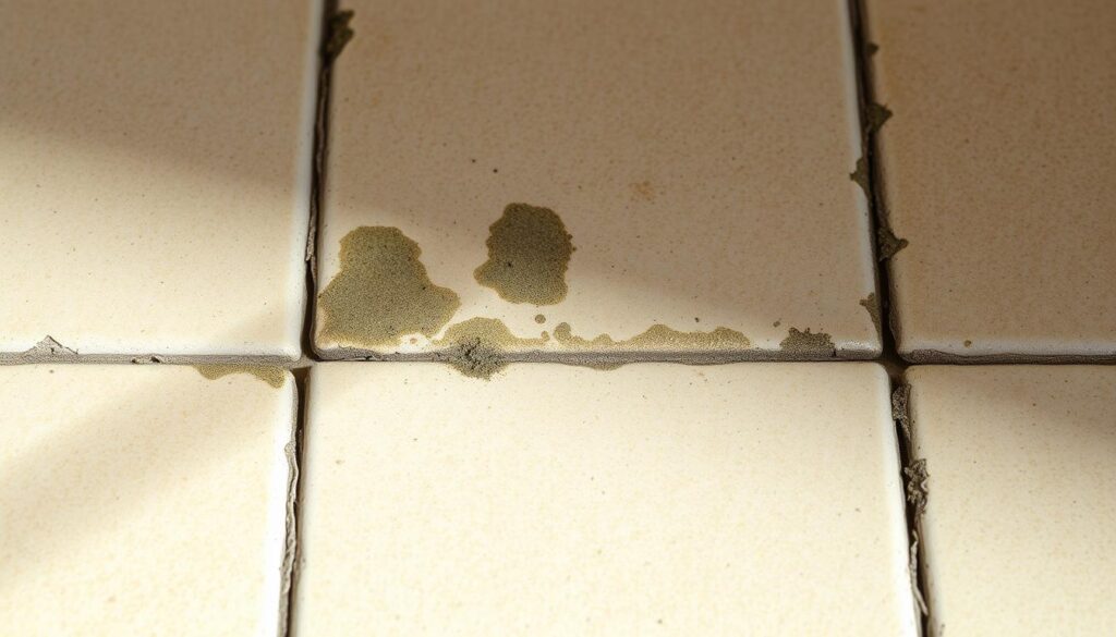 A close-up view of tile grout lines, showing patches of discolored, damp-looking mold growth. The tiles are a neutral beige color, with the grout lines standing out as darker, mottled areas marred by fuzzy green and black mold spots. Soft, diffused natural lighting from the side creates subtle shadows that accentuate the uneven texture of the grout. The image has a slightly gritty, grungy atmosphere, highlighting the need for professional tile and grout cleaning to restore the clean, vibrant appearance.