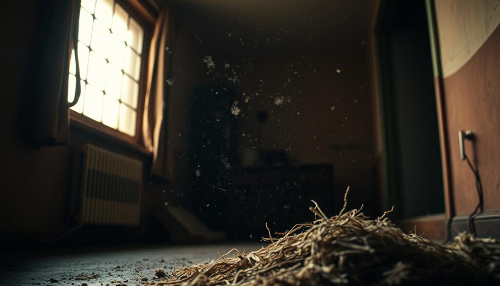 A dimly lit interior showcases swirling dust motes suspended in the air, illuminated by a warm, diffused light filtering through a window. The room's surfaces appear slightly grimy, with a palpable sense of stale air and poor ventilation. In the foreground, a pile of discarded debris and pet hair gathers, a testament to the inadequacies of surface-level cleaning. The overall atmosphere conveys a sense of unease and unresolved health concerns, prompting the viewer to consider the unseen particulates that may be present in an improperly maintained indoor environment. A dimly lit interior showcases swirling dust motes suspended in the air, illuminated by a warm, diffused light filtering through a window. The room's surfaces appear slightly grimy, with a palpable sense of stale air and poor ventilation. In the foreground, a pile of discarded debris and pet hair gathers, a testament to the inadequacies of surface-level cleaning. The overall atmosphere conveys a sense of unease and unresolved health concerns, prompting the viewer to consider the unseen particulates that may be present in an improperly maintained indoor environment.