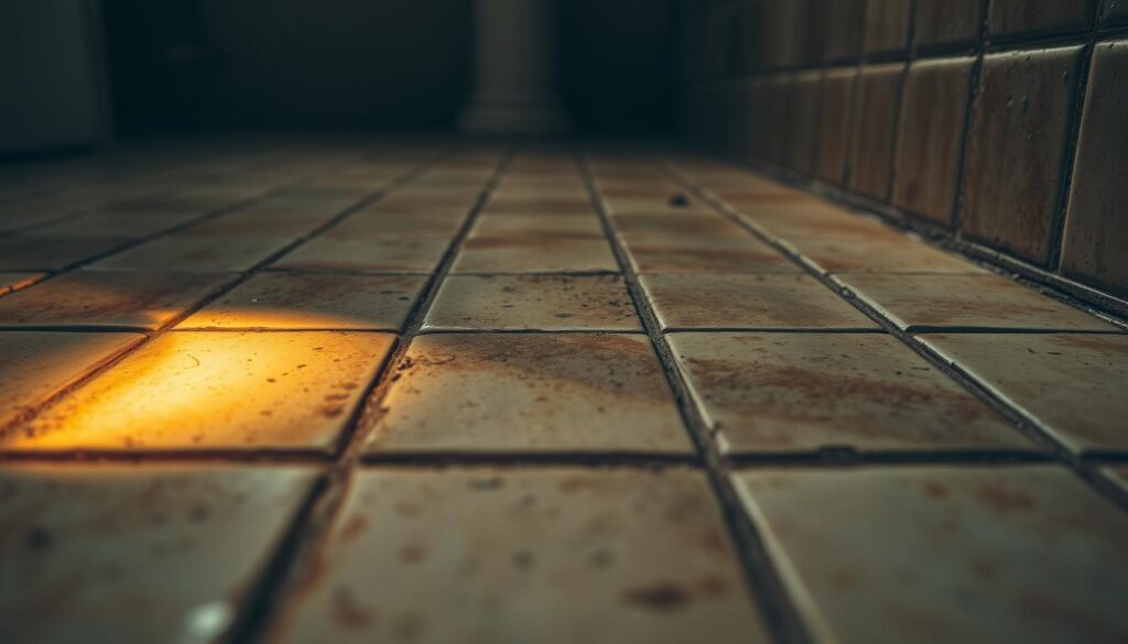 A grout-encrusted tile floor in a dimly lit bathroom, grime and discoloration evident in the tightly packed grout lines. The tiles appear dull and worn, their once-vibrant hues faded. A single beam of warm, directional light illuminates the scene, casting dramatic shadows and highlights the textural detail of the neglected grout. The camera angle is close to the floor, emphasizing the extent of the buildup and the need for thorough cleaning. The overall mood is one of neglect and the desire to restore the tiles and grout to their former glory.