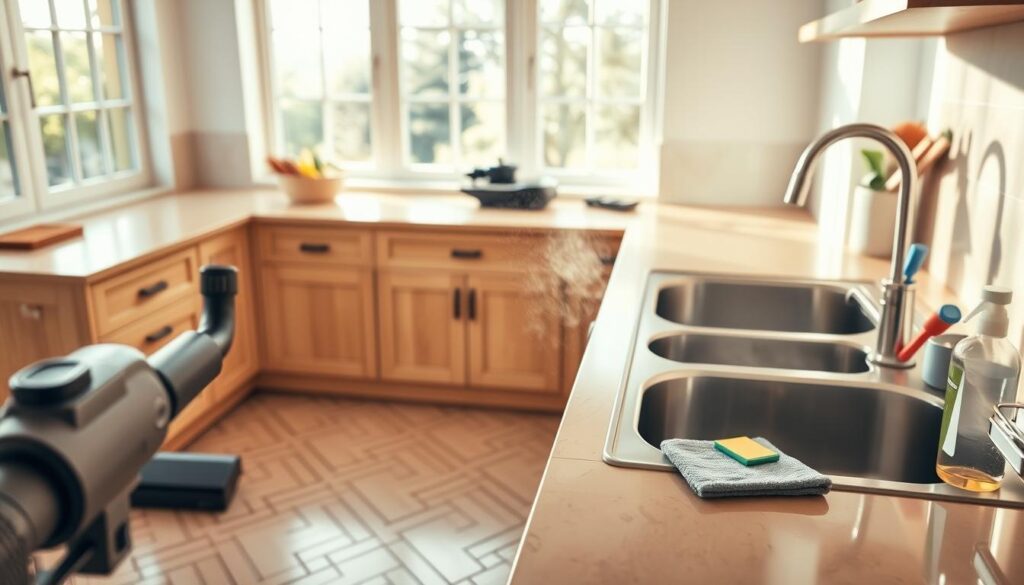 A meticulously deep-cleaned kitchen, bathed in warm, natural light filtering through large windows. The gleaming countertops, free of any crumbs or smudges, reflect the intricate patterns of interlocking tile flooring. In the foreground, a high-powered vacuum cleaner nozzle methodically extracts stubborn dirt and dust from the crevices, revealing the pristine surfaces beneath. Delicate streaks of steam rise from a stainless steel sink, hinting at the thorough scrubbing it has just undergone. The middle ground showcases an array of cleaning supplies - scrub brushes, microfiber cloths, and a variety of specialized solutions - all poised to tackle the hidden pockets of grime. The background fades into a serene, uncluttered space, emphasizing the meticulous attention to detail that defines this deep cleaning process. A meticulously deep-cleaned kitchen, bathed in warm, natural light filtering through large windows. The gleaming countertops, free of any crumbs or smudges, reflect the intricate patterns of interlocking tile flooring. In the foreground, a high-powered vacuum cleaner nozzle methodically extracts stubborn dirt and dust from the crevices, revealing the pristine surfaces beneath. Delicate streaks of steam rise from a stainless steel sink, hinting at the thorough scrubbing it has just undergone. The middle ground showcases an array of cleaning supplies - scrub brushes, microfiber cloths, and a variety of specialized solutions - all poised to tackle the hidden pockets of grime. The background fades into a serene, uncluttered space, emphasizing the meticulous attention to detail that defines this deep cleaning process.