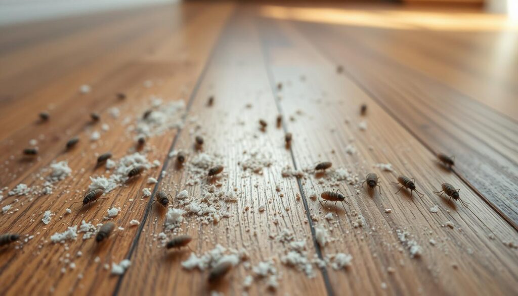 A meticulously detailed image of indoor allergens on a hardwood floor, captured with a wide-angle lens and natural lighting. Prominent in the foreground are dust mites, pet dander, and pollen particles scattered across the wooden planks. In the middle ground, a slight haze of fine airborne particulates drifts lazily, casting soft shadows. The background showcases the texture and grains of the floor, emphasizing the prevalence of these invisible allergens. The overall mood is one of quiet unease, highlighting the unseen threats that can lurk in our living spaces.