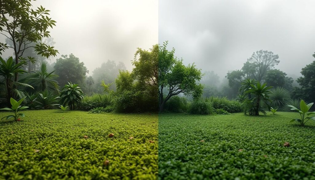 A meticulously detailed side-by-side comparison showcasing the environmental impact of eco-friendly carpet cleaning versus traditional methods. In the foreground, a lush, verdant landscape with thriving flora and fauna represents the eco-friendly approach. In the middle ground, a stark contrast of a polluted, grayed-out environment symbolizes the detrimental impact of traditional cleaning. Subtle lighting accentuates the vibrant, natural tones of the eco-friendly side, while the traditional side is bathed in a hazy, muted palette. The composition is balanced, allowing the viewer to easily discern the stark differences in environmental sustainability between the two approaches. Captured with a wide-angle lens to provide a comprehensive, panoramic view of the comparative impact.