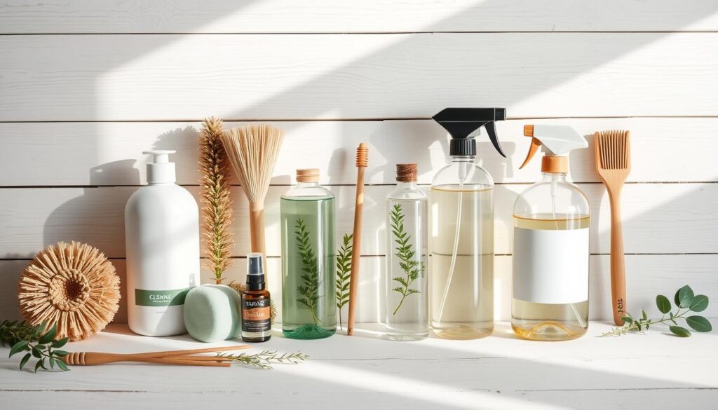 A neatly arranged display of eco-friendly cleaning products, including plant-based detergents, natural fiber scrubbing brushes, and glass spray bottles filled with essential oil-infused cleaning solutions. The products are illuminated by soft, diffused natural lighting, casting gentle shadows and highlighting their organic textures and earthy color palettes. The background is a minimalist, white-washed wooden surface, creating a clean, contemporary aesthetic that emphasizes the products' sustainability and effectiveness. The overall mood is one of simplicity, purity, and environmental consciousness.