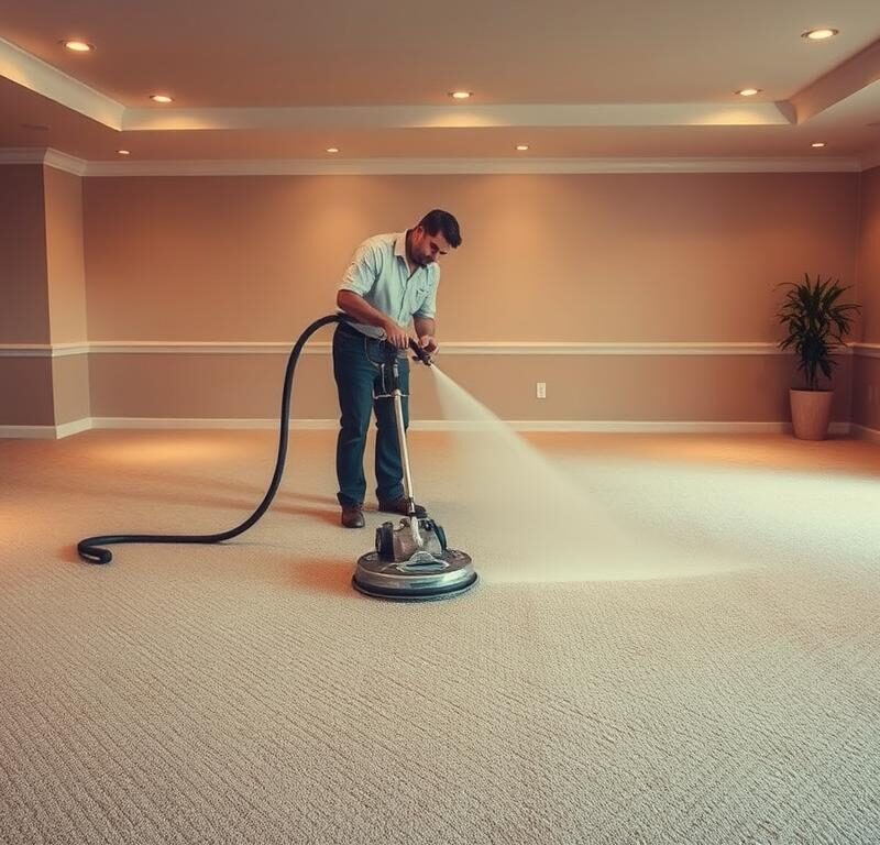 A pristine living room, its plush carpets glistening under the warm glow of overhead lighting. In the center, a professional steam cleaning machine, its hose snaking across the floor as the skilled technician guides it, releasing a steady stream of hot, pressurized water that lifts dirt, debris, and stains from the fibers. The room is filled with the soothing hiss of the machine and the faint scent of clean, freshened carpets. The technician's movements are deliberate and efficient, their expertise evident in the way they methodically work their way across the room, leaving a trail of renewed, rejuvenated carpet in their wake.