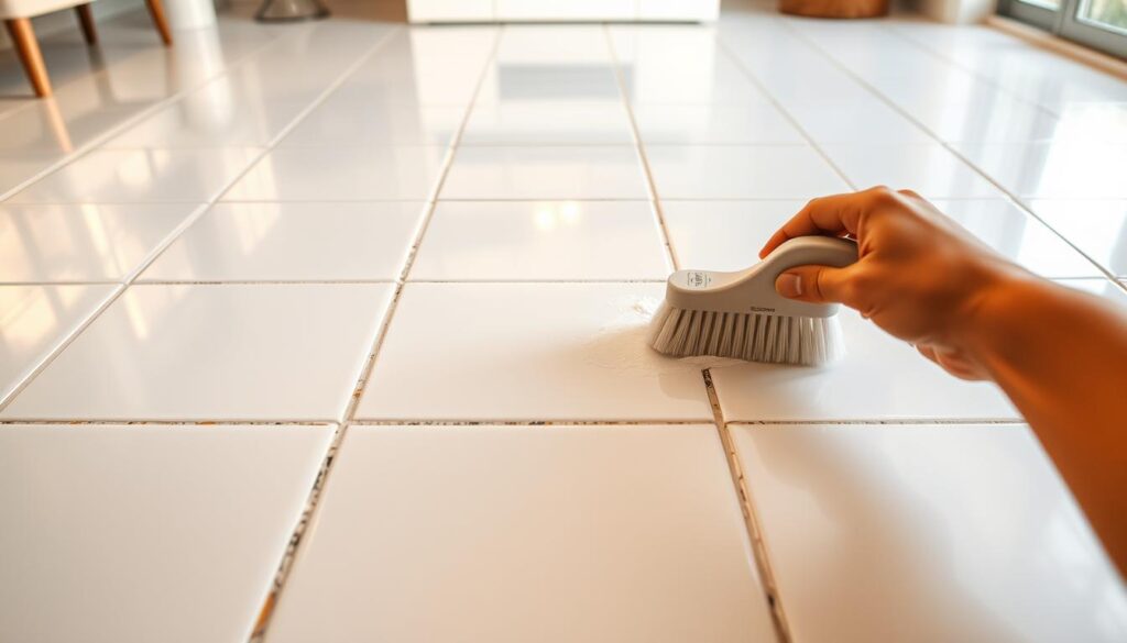 A pristine white tiled floor, its surface glistening under the warm, soft lighting. In the foreground, a pair of hands gently scrubs the grout lines with a specialized grout cleaning brush, effortlessly removing the built-up grime and restoring the grout to its original vibrant hue. The middle ground showcases the contrast between the spotless tiles and the revitalized grout, highlighting the remarkable transformation. In the background, the room's decor subtly frames the scene, conveying a sense of care and attention to detail. The overall mood is one of rejuvenation, where the floor's former glory has been meticulously reclaimed, ready to once again captivate and delight.