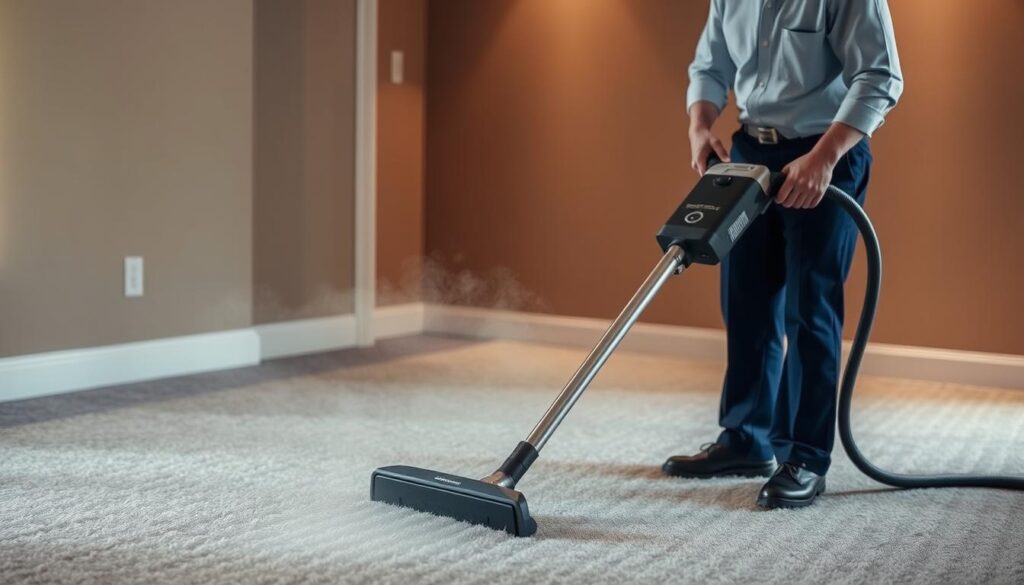A professional technician in a crisp uniform diligently operating a high-powered steam cleaning machine, extracting deep-set dirt and grime from a luxurious, plush carpet. The room is bathed in warm, diffused lighting, creating a serene, spa-like atmosphere. The carpet's fibers glisten with freshness, and a gentle mist rises from the cleaning process. Attention to detail is evident in the technician's focused expression and the meticulous movements of the cleaning wand. This image captures the essence of expert steam cleaning, showcasing the transformative power of this advanced technique compared to traditional carpet cleaning methods. A professional technician in a crisp uniform diligently operating a high-powered steam cleaning machine, extracting deep-set dirt and grime from a luxurious, plush carpet. The room is bathed in warm, diffused lighting, creating a serene, spa-like atmosphere. The carpet's fibers glisten with freshness, and a gentle mist rises from the cleaning process. Attention to detail is evident in the technician's focused expression and the meticulous movements of the cleaning wand. This image captures the essence of expert steam cleaning, showcasing the transformative power of this advanced technique compared to traditional carpet cleaning methods.