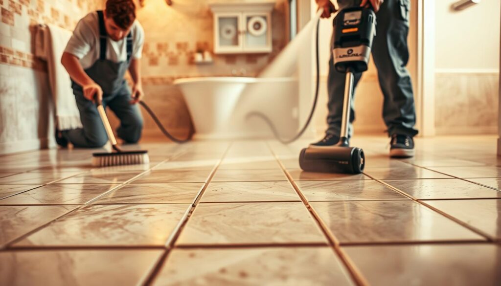 A professional tile and grout cleaning process unfolds in a well-lit bathroom setting. In the foreground, a worker meticulously scrubs the tile surface with a specialized cleaning brush, removing grime and discoloration. The middle ground showcases the worker using a powerful steam cleaner, the hot vapor penetrating deeply into the grout lines to lift embedded dirt. In the background, clean, freshly restored tile and grout gleam under the warm, even lighting, conveying a sense of rejuvenation and renewed vibrancy. The scene is captured from a slightly elevated angle, emphasizing the care and attention to detail in this professional restoration process.