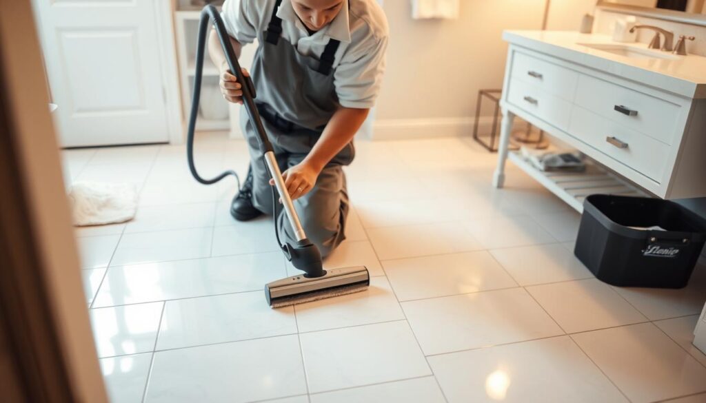 A professional tile and grout cleaning scene in a bright, well-lit bathroom. In the foreground, a technician in a clean uniform kneels, meticulously scrubbing the discolored grout lines between pristine white tiles using a specialized cleaning tool. The middle ground showcases the gleaming, freshly cleaned tiles, their surfaces reflecting the warm, indirect lighting from above. In the background, the bathroom vanity and mirror provide a sense of context, highlighting the high-quality, professional-grade results of the cleaning process. The overall atmosphere conveys a sense of care, attention to detail, and the transformation from dull, dirty tiles to a spotless, rejuvenated surface.