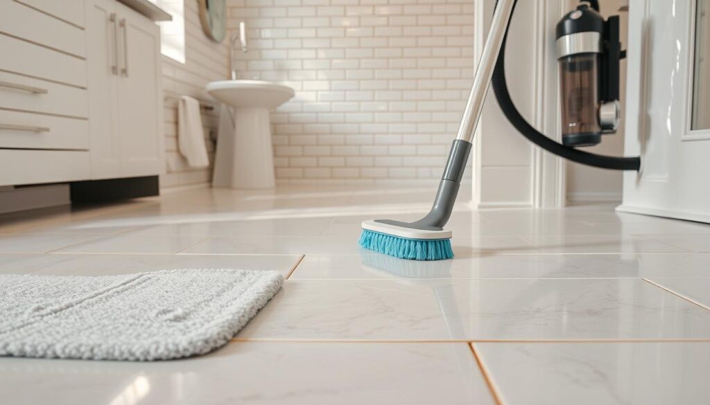 A spacious, well-lit bathroom with gleaming subway tiles and pristine porcelain fixtures. In the foreground, a deep cleaning process unfolds - a microfiber mop glides across the floor, lifting embedded dirt and grime. In the middle ground, a specialized cleaning brush scrubs the grout lines, revealing their original vibrant hue. In the background, a high-powered vacuum hose sucks up dust and debris from hard-to-reach areas, leaving no corner untouched. The scene conveys a sense of meticulous attention to detail, showcasing the comprehensive nature of a true deep cleaning process that goes beyond the limitations of regular vacuuming. A spacious, well-lit bathroom with gleaming subway tiles and pristine porcelain fixtures. In the foreground, a deep cleaning process unfolds - a microfiber mop glides across the floor, lifting embedded dirt and grime. In the middle ground, a specialized cleaning brush scrubs the grout lines, revealing their original vibrant hue. In the background, a high-powered vacuum hose sucks up dust and debris from hard-to-reach areas, leaving no corner untouched. The scene conveys a sense of meticulous attention to detail, showcasing the comprehensive nature of a true deep cleaning process that goes beyond the limitations of regular vacuuming.