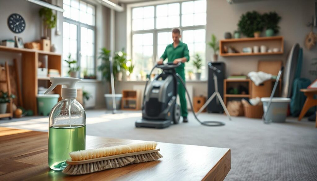 A well-lit, clean, and modern eco-friendly carpet cleaning workshop. In the foreground, an environmentally-friendly cleaning solution and a soft-bristle brush are neatly arranged on a wooden table. In the middle ground, a technician in a green uniform is demonstrating the usage of a powerful yet quiet steam cleaning machine, showcasing the gentle but effective cleaning process. The background features various sustainable cleaning tools and supplies, with large windows allowing natural light to flood the space and highlighting the overall clean, green, and responsible ethos of the workspace. The scene conveys a sense of professionalism, care for the environment, and dedication to providing a superior, eco-conscious carpet cleaning service.
