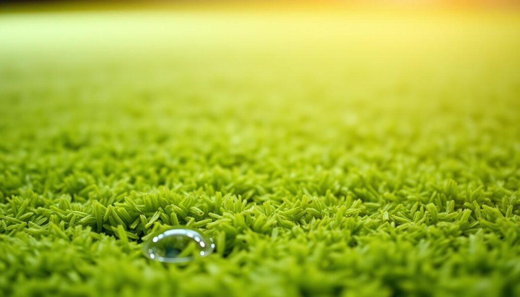 A well-lit, close-up shot of a pristine green carpet, its fibers vibrant and plush. The carpet appears spotless, with no visible stains or dirt. The lighting is soft and diffused, creating a warm, natural glow that highlights the carpet's lush texture. In the foreground, a few droplets of a clear, eco-friendly cleaning solution glisten on the surface, suggesting the gentle, effective cleaning process. The background is blurred, focusing the viewer's attention on the clean, healthy carpet. The overall mood is one of cleanliness, sustainability, and a sense of satisfaction with the results of the green cleaning method.