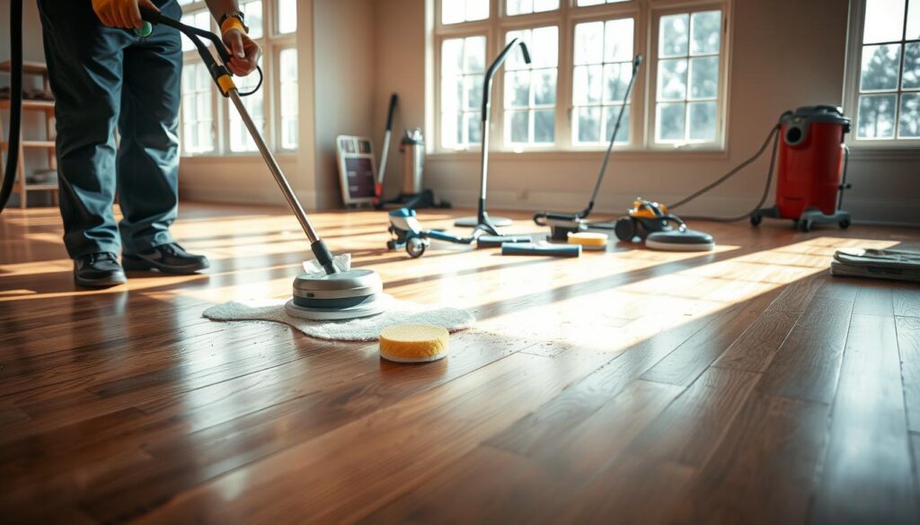 A well-lit, detailed scene of a hardwood floor undergoing professional maintenance. In the foreground, a person in protective gear carefully deep cleans the floor using a specialized buffer and cleaning solution. In the middle ground, various tools and supplies are neatly arranged, including a vacuum cleaner, mop, and buffing pads. The background depicts a bright, airy room with natural light streaming in through large windows, emphasizing the importance of proper flooring care. The overall atmosphere conveys a sense of diligence, cleanliness, and a commitment to preserving the longevity and beauty of the flooring. A well-lit, detailed scene of a hardwood floor undergoing professional maintenance. In the foreground, a person in protective gear carefully deep cleans the floor using a specialized buffer and cleaning solution. In the middle ground, various tools and supplies are neatly arranged, including a vacuum cleaner, mop, and buffing pads. The background depicts a bright, airy room with natural light streaming in through large windows, emphasizing the importance of proper flooring care. The overall atmosphere conveys a sense of diligence, cleanliness, and a commitment to preserving the longevity and beauty of the flooring.
