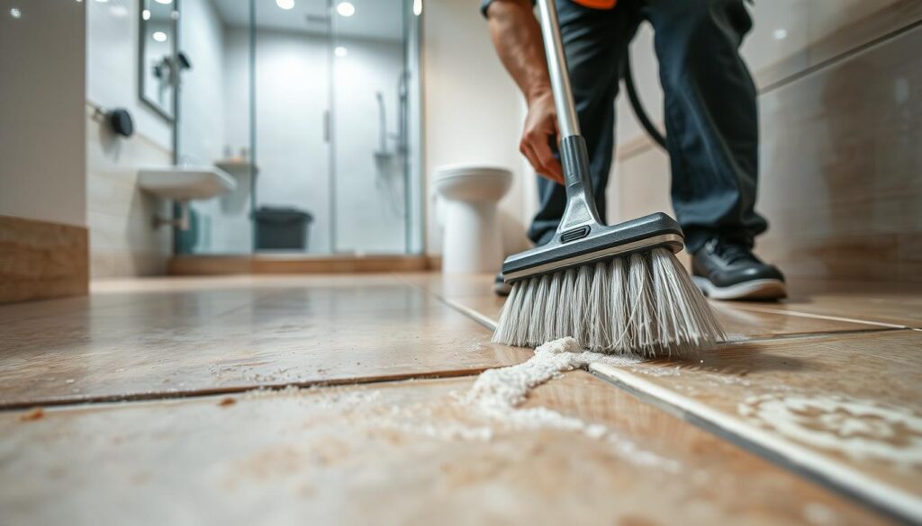 A well-lit, high-resolution image depicting professional tile and grout cleaning. The foreground shows a close-up view of a tiled floor, with a cleaning technician using a specialized grout cleaning brush and solution to scrub away grime and discoloration from the grouted areas. The tiles are a neutral, earthy tone, and the grout lines are visibly brightened and rejuvenated. The middle ground reveals the technician's uniform, safety gear, and cleaning equipment, conveying a sense of expertise and diligence. The background showcases a clean, modern bathroom setting, with gleaming tiles and spotless fixtures, highlighting the transformative results of the professional cleaning process. Crisp, even lighting illuminates the scene, creating a visually striking and informative illustration of the health benefits of professional tile and grout cleaning.