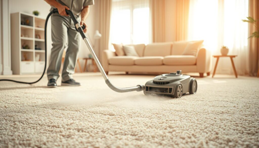 A well-lit, high-resolution image of a professional carpet steam cleaning in progress. In the foreground, a technician in a clean uniform operates a powerful steam cleaner, extracting deep-set dirt and grime from a plush, light-colored carpet. The middle ground shows the steam and water extraction, revealing the carpet's renewed vibrancy. In the background, a tidy, lightly furnished living room sets the scene, conveying a sense of rejuvenation and a return to a pristine, well-maintained domestic environment. The lighting is warm and natural, lending a sense of care and attention to detail. The overall composition highlights the effectiveness and thoroughness of the steam cleaning process. A well-lit, high-resolution image of a professional carpet steam cleaning in progress. In the foreground, a technician in a clean uniform operates a powerful steam cleaner, extracting deep-set dirt and grime from a plush, light-colored carpet. The middle ground shows the steam and water extraction, revealing the carpet's renewed vibrancy. In the background, a tidy, lightly furnished living room sets the scene, conveying a sense of rejuvenation and a return to a pristine, well-maintained domestic environment. The lighting is warm and natural, lending a sense of care and attention to detail. The overall composition highlights the effectiveness and thoroughness of the steam cleaning process.