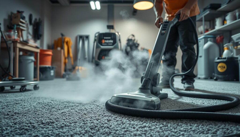 A well-lit, high-resolution image of a professional steam cleaning setup in action. The foreground shows a worker using a powerful steam cleaning machine, expertly maneuvering the hose and attachments over a plush, deeply cleaned carpet. The middle ground reveals the steam rising from the carpet, signifying the deep, thorough cleaning process. The background showcases a modern, well-equipped cleaning workspace with various cleaning tools and supplies, conveying the professionalism and attention to detail of the operation. The overall atmosphere is one of efficiency, effectiveness, and the care taken to achieve superior cleaning results compared to a DIY approach. A well-lit, high-resolution image of a professional steam cleaning setup in action. The foreground shows a worker using a powerful steam cleaning machine, expertly maneuvering the hose and attachments over a plush, deeply cleaned carpet. The middle ground reveals the steam rising from the carpet, signifying the deep, thorough cleaning process. The background showcases a modern, well-equipped cleaning workspace with various cleaning tools and supplies, conveying the professionalism and attention to detail of the operation. The overall atmosphere is one of efficiency, effectiveness, and the care taken to achieve superior cleaning results compared to a DIY approach.