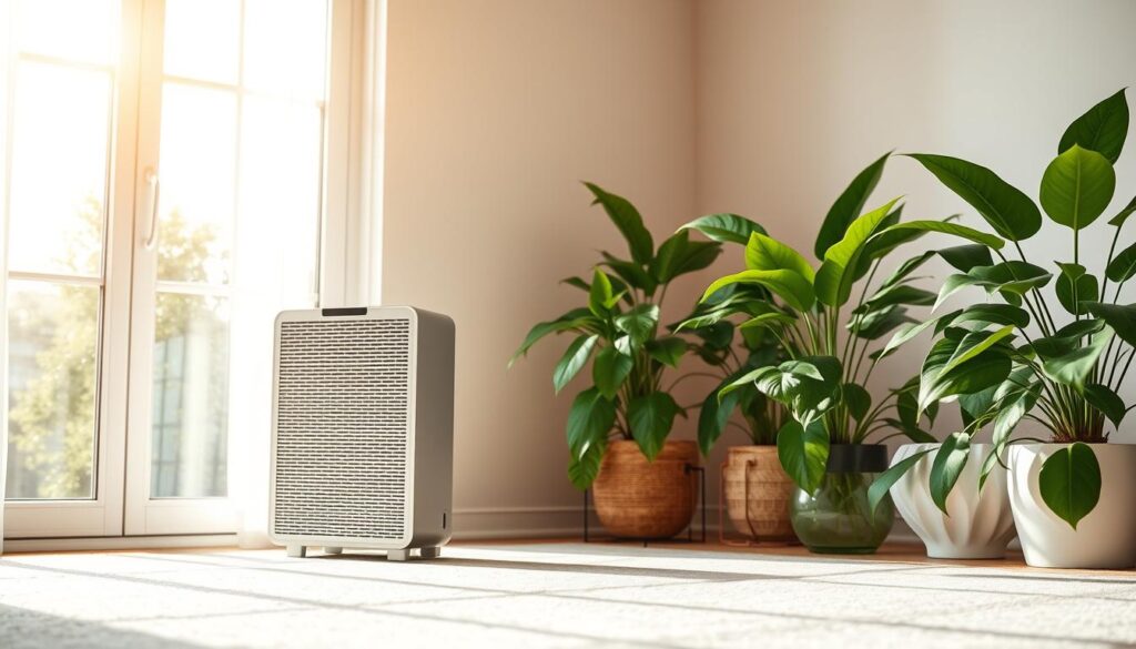 A well-lit, modern interior with a focus on indoor air quality. In the foreground, a window with pure, filtered air flowing in, casting warm, natural light across the room. In the middle ground, a high-quality HEPA air purifier, its sleek design blending seamlessly with the décor. The background features lush, healthy houseplants, their leaves gently swaying, actively contributing to the clean, rejuvenating atmosphere. The overall scene conveys a sense of tranquility, wellness, and the tangible benefits of professional steam cleaning for carpets and rugs. A well-lit, modern interior with a focus on indoor air quality. In the foreground, a window with pure, filtered air flowing in, casting warm, natural light across the room. In the middle ground, a high-quality HEPA air purifier, its sleek design blending seamlessly with the décor. The background features lush, healthy houseplants, their leaves gently swaying, actively contributing to the clean, rejuvenating atmosphere. The overall scene conveys a sense of tranquility, wellness, and the tangible benefits of professional steam cleaning for carpets and rugs.