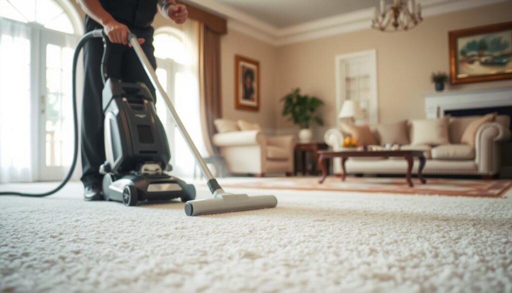 A well-lit, professional-grade steam cleaning machine stands atop a plush, light-colored carpet. Its powerful jets of hot water and detergent solution deeply penetrate the fibers, lifting embedded dirt and stains. In the foreground, a skilled technician, wearing a crisp uniform, gently guides the cleaning wand across the carpet, meticulously treating each section. The mid-ground reveals the pristine, freshly cleaned surface, its vibrant hues and soft texture restored. The background suggests a well-appointed home interior, with tasteful furnishings and natural lighting filtering through large windows, creating a warm, inviting atmosphere. A well-lit, professional-grade steam cleaning machine stands atop a plush, light-colored carpet. Its powerful jets of hot water and detergent solution deeply penetrate the fibers, lifting embedded dirt and stains. In the foreground, a skilled technician, wearing a crisp uniform, gently guides the cleaning wand across the carpet, meticulously treating each section. The mid-ground reveals the pristine, freshly cleaned surface, its vibrant hues and soft texture restored. The background suggests a well-appointed home interior, with tasteful furnishings and natural lighting filtering through large windows, creating a warm, inviting atmosphere.
