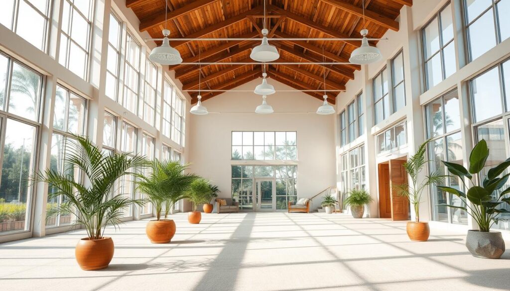A well-lit, spacious indoor environment with high ceilings and large windows allowing natural light to flood the space. The air is clean and fresh, with no visible pollutants or contaminants. Potted plants and natural materials like wood and stone create a calming, eco-friendly atmosphere. The camera angle provides a broad, panoramic view, highlighting the overall sense of air quality and wellness. Soft, diffused lighting from overhead fixtures complements the natural illumination, creating a warm, inviting ambiance. The scene conveys a serene, healthy indoor air quality that aligns with the article's focus on the benefits of eco-friendly carpet cleaning.
