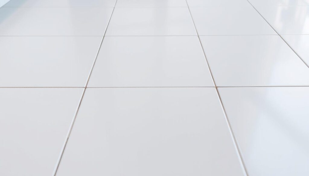 Crisp, clean tile floor with pristine white grout. Bright, even lighting illuminates the smooth, glossy tiles, showcasing their immaculate surface. Warm, natural shadows gently accentuate the clean lines and perfect grouting between each tile. The tiles appear freshly cleaned, with a flawless, streak-free shine that reflects the surrounding environment. A sense of order, cleanliness, and attention to detail permeates the scene, creating an inviting, well-maintained atmosphere.