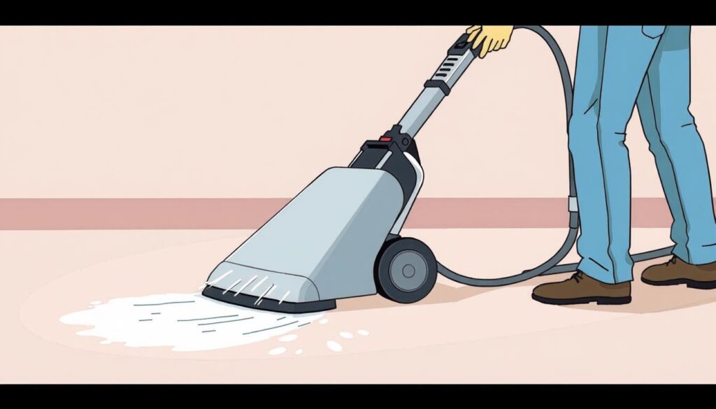 Image of a person attempting to deep clean a carpet with a rental machine Image of a person attempting to deep clean a carpet with a rental machine