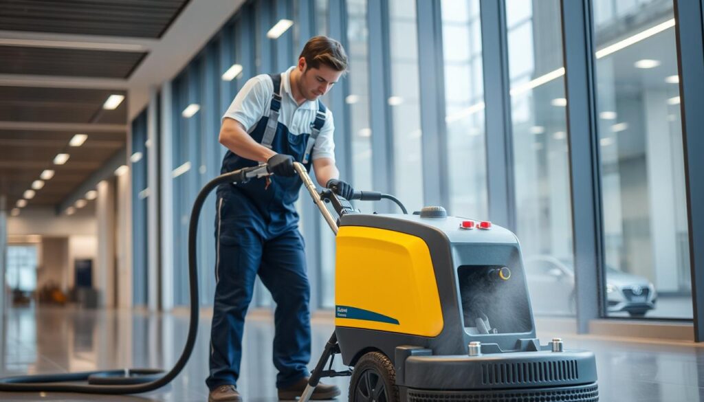 Image of a professional cleaner using deep cleaning equipment Image of a professional cleaner using deep cleaning equipment