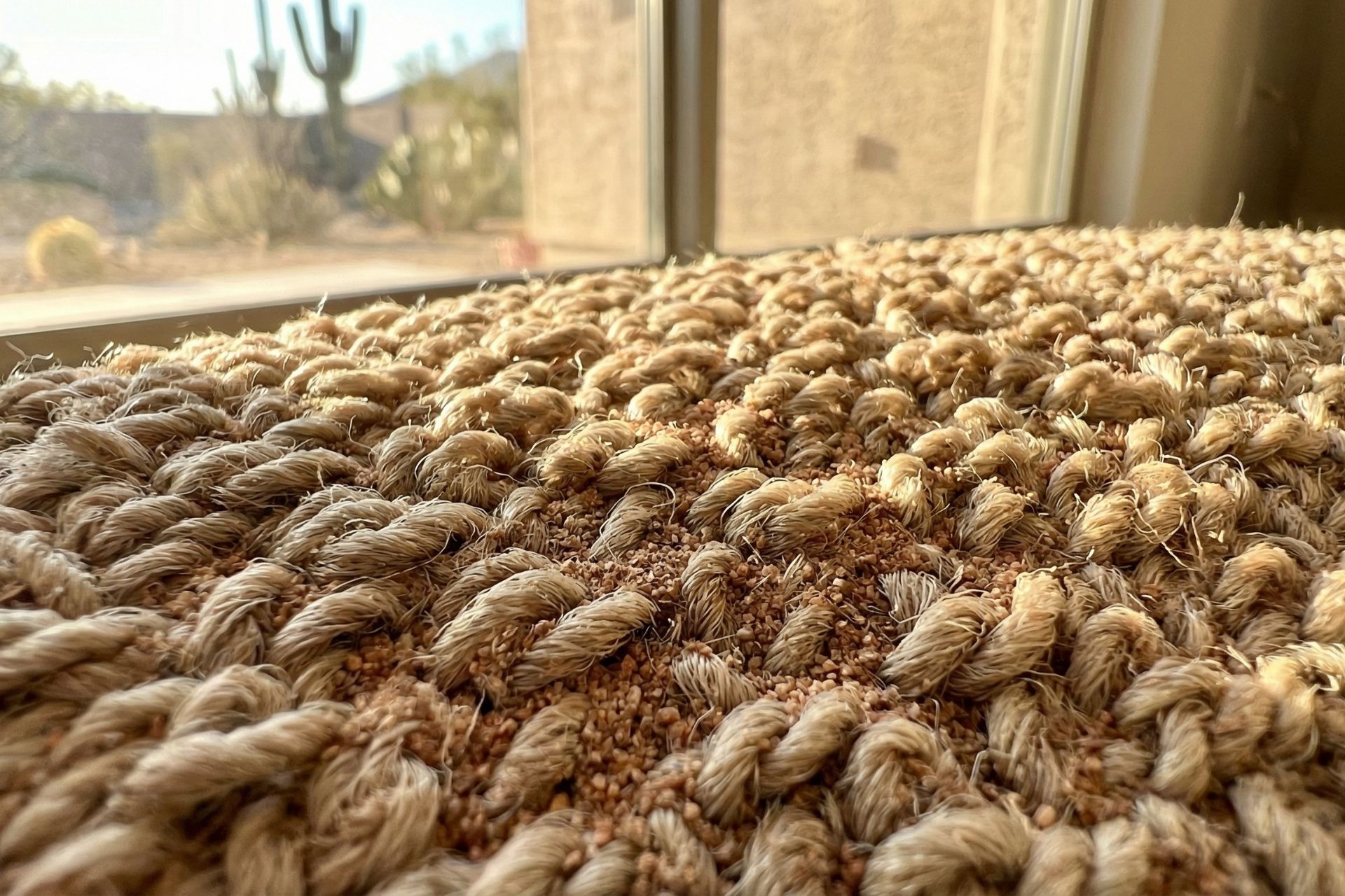 Extreme close-up of clean beige carpet fibers showing detailed texture of well-maintained looped pile carpet near a sliding glass door, with desert landscape featuring cacti and mountains visible outside in soft focus.